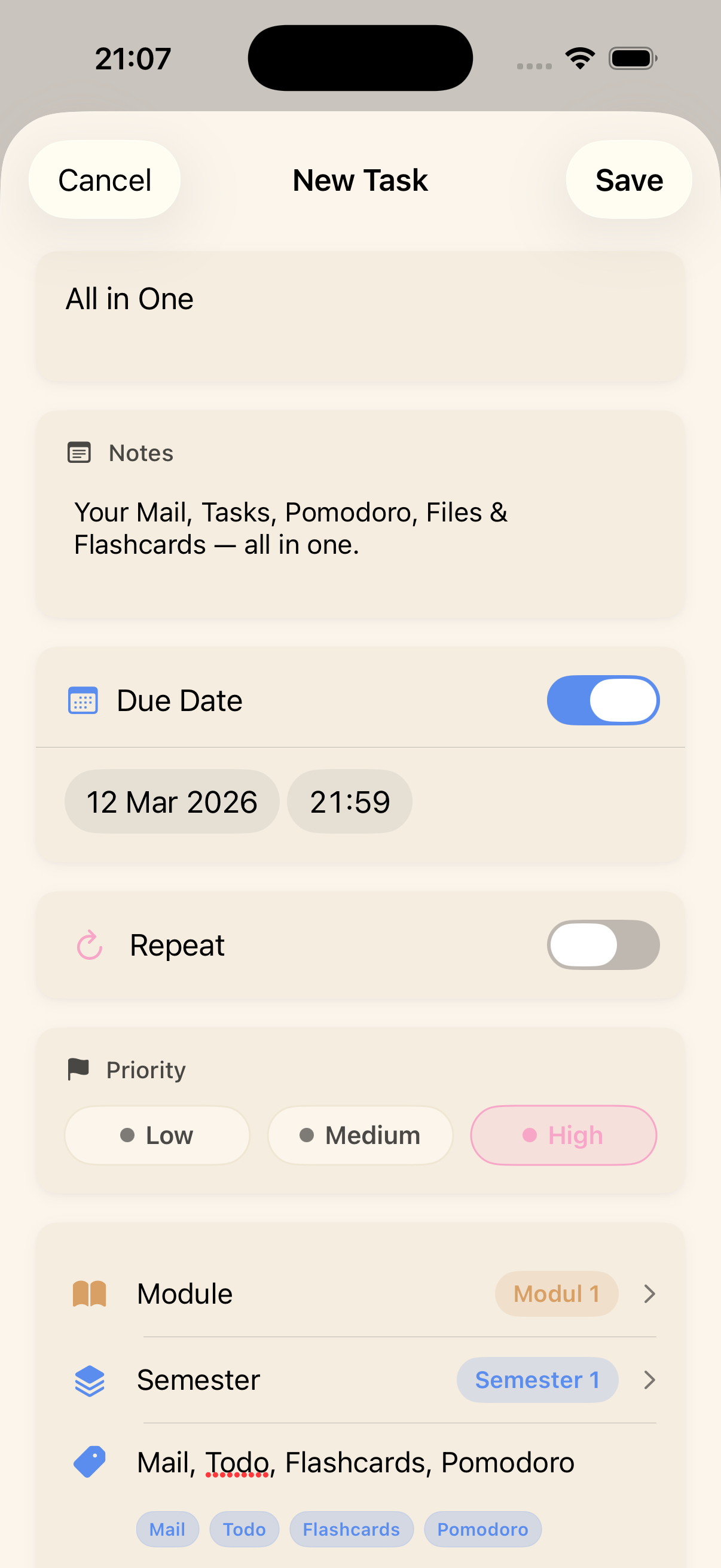 NowOne task creation with priority, module, and repeat options